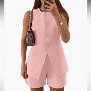 Pink Sleeveless Blazer and Shorts Set